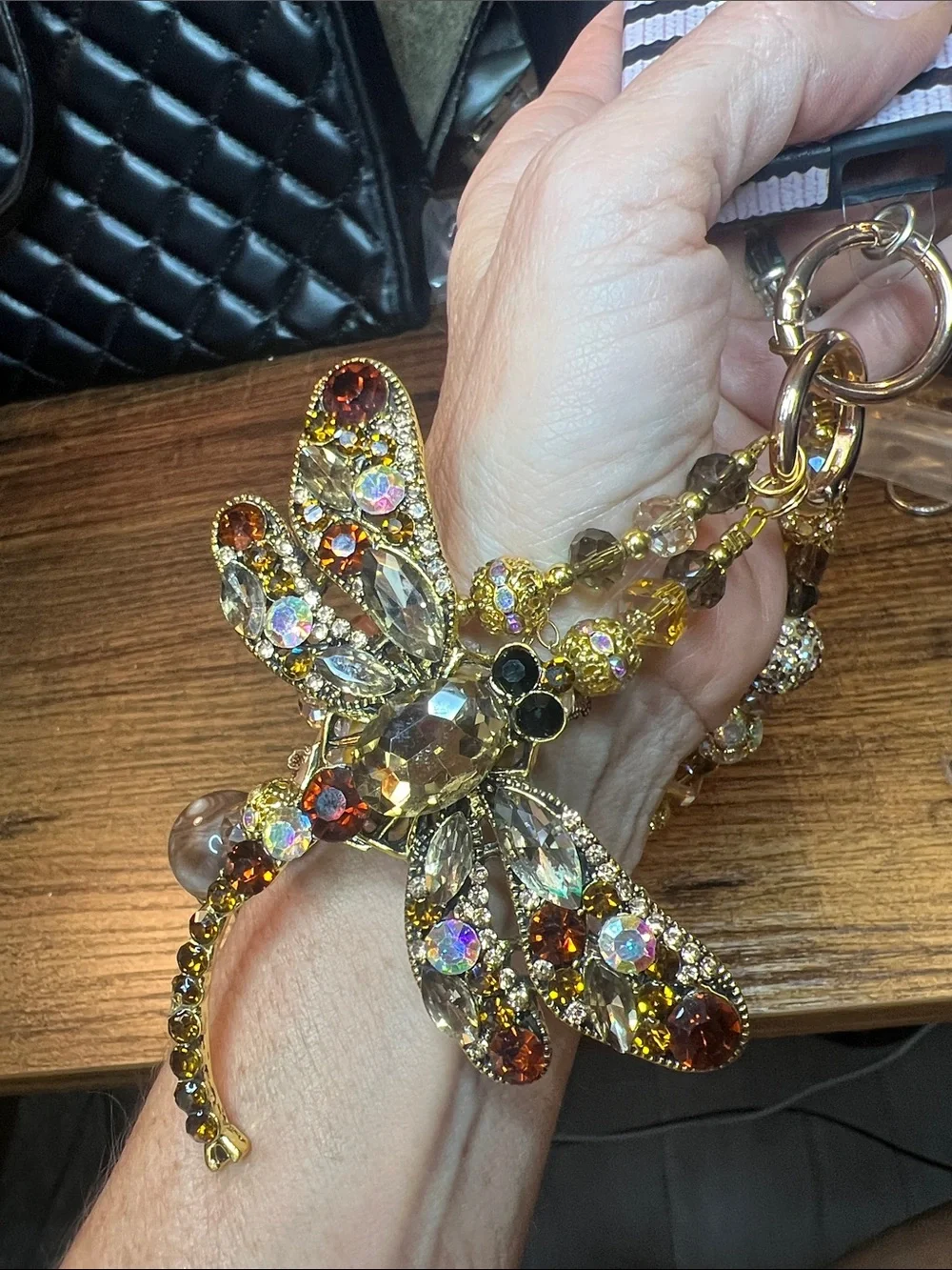 Phone Crystal Bee Charm Beaded Wristlet - Gold and Champagne